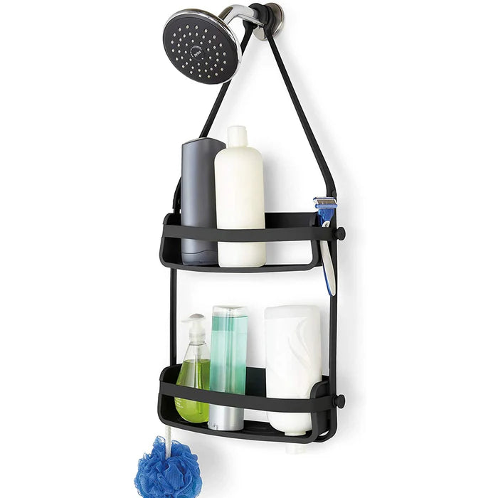 Black 2-Tier Bathroom Shower Caddy with Drainage & Hanging Design, Adjustable Organizer