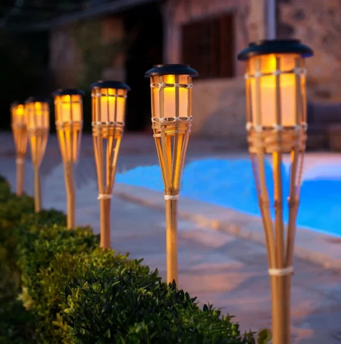 LED Outdoor Light Natural Bamboo Finish Solar Torch Style 6 Piece Set, Garden Pathway Outdoor Light