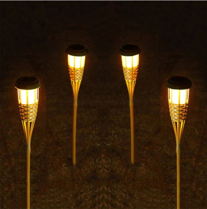 LED Outdoor Light Natural Bamboo Finish Solar Torch Style 6 Piece Set, Garden Pathway Outdoor Light