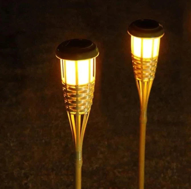 LED Outdoor Light Natural Bamboo Finish Solar Torch Style 6 Piece Set, Garden Pathway Outdoor Light