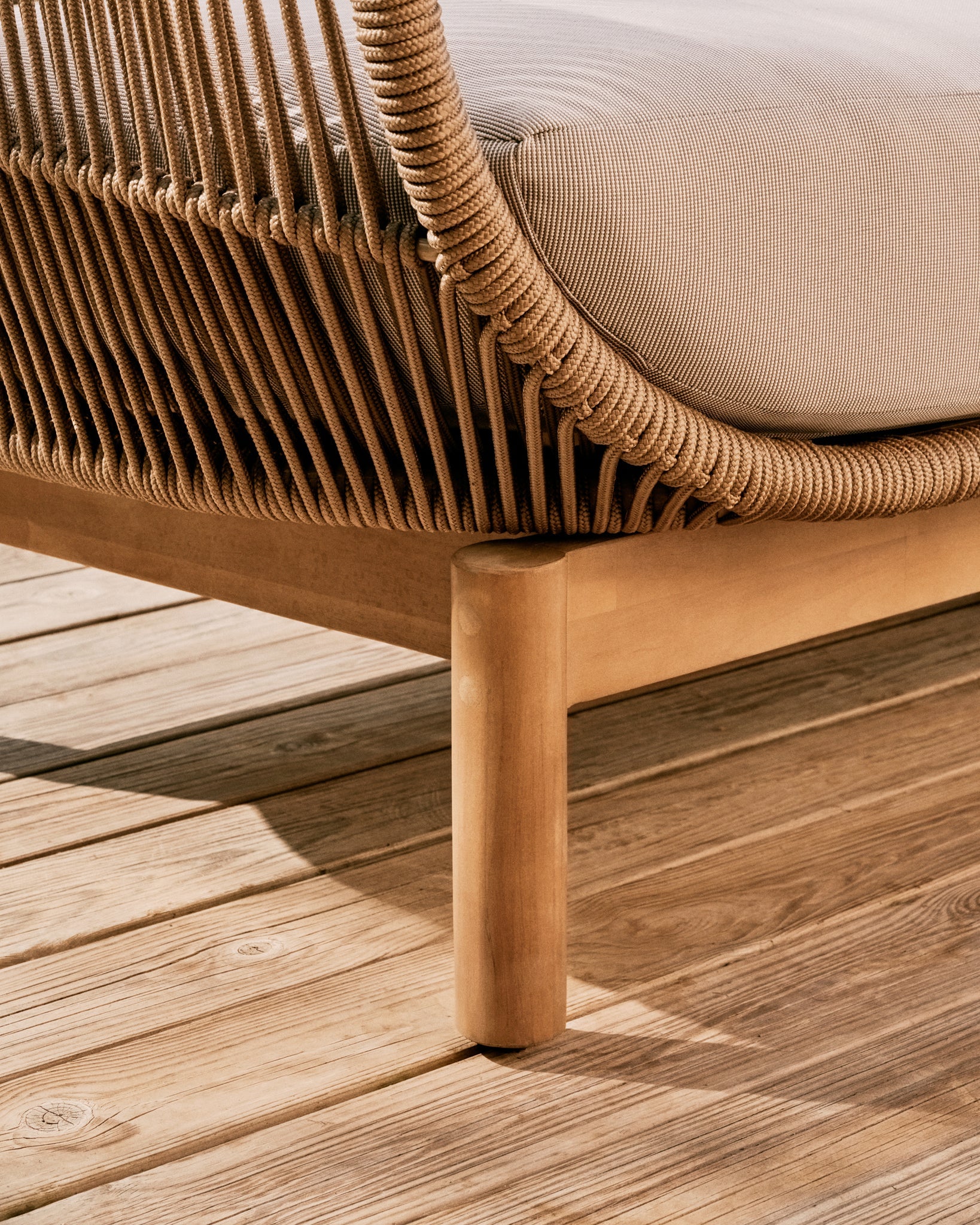 Beige Rope & Acacia Wood 3-Seater Sofa, Outdoor Lounge Couch