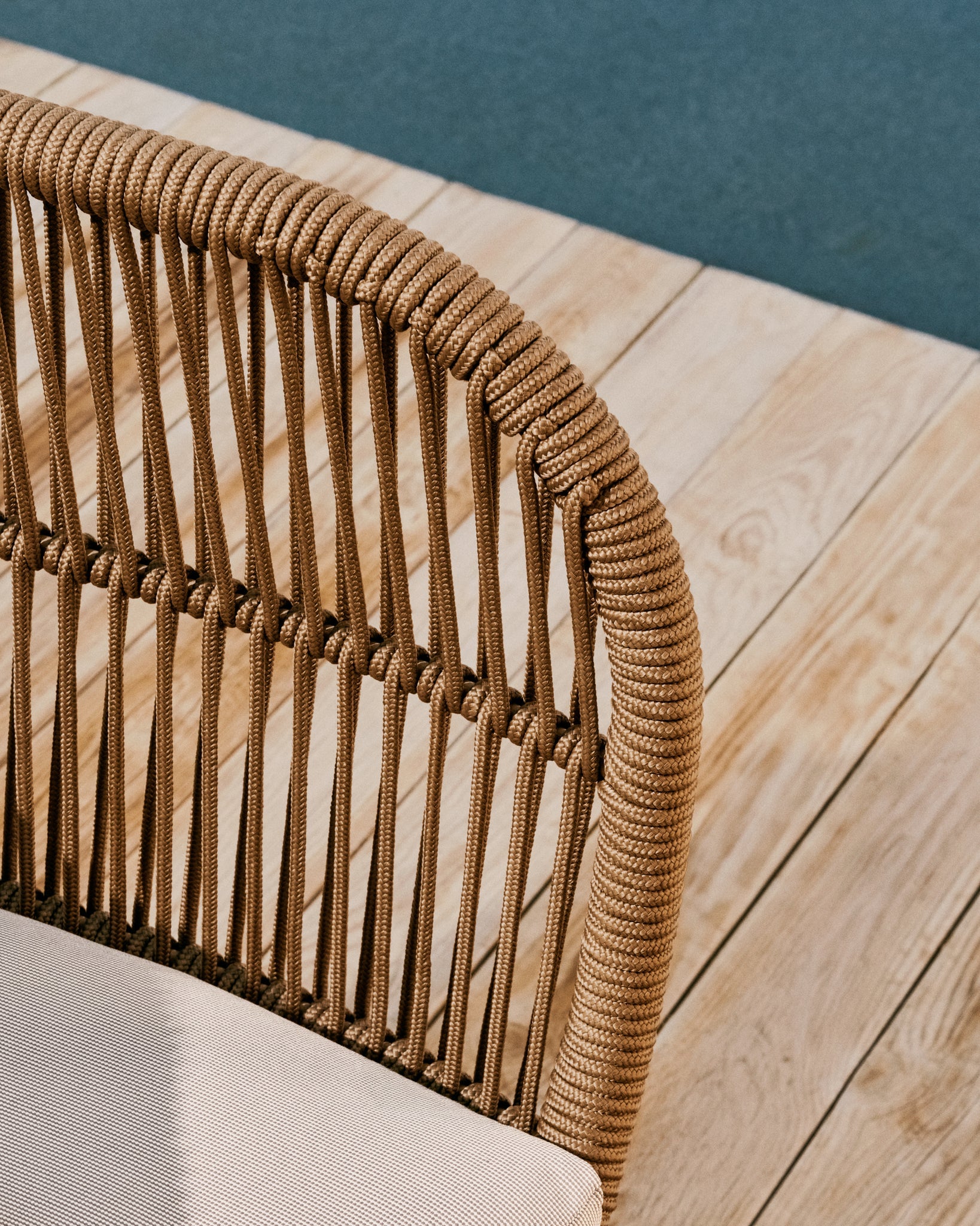 Beige Rope & Acacia Wood 3-Seater Sofa, Outdoor Lounge Couch