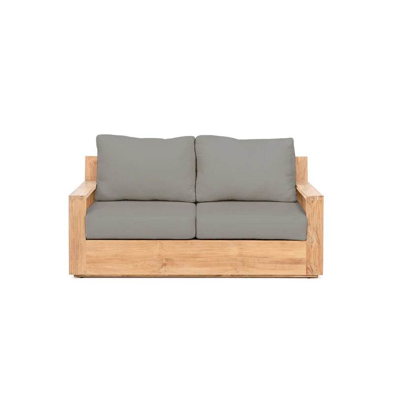Solid Teak Wood Frame Outdoor Sofa, Gray Cushions, 2 Seater