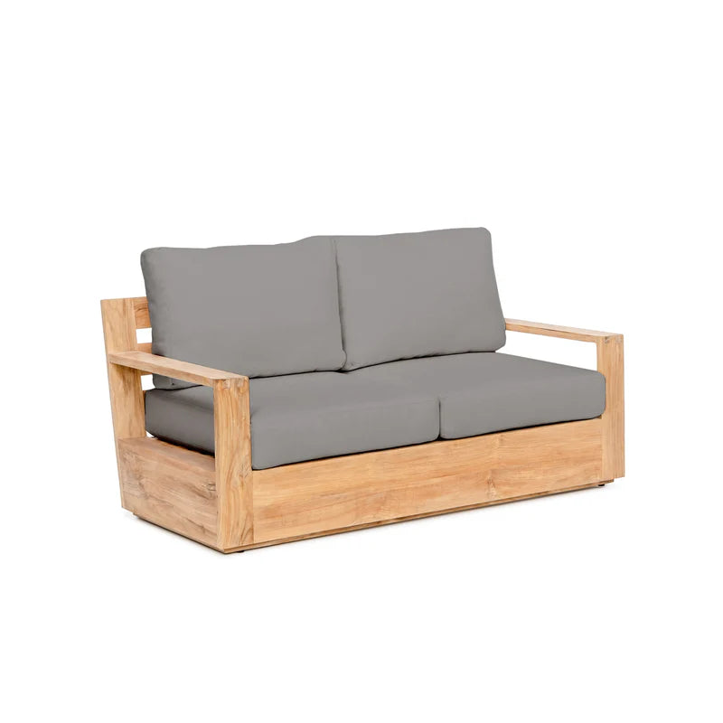 Solid Teak Wood Frame Outdoor Sofa, Gray Cushions, 2 Seater