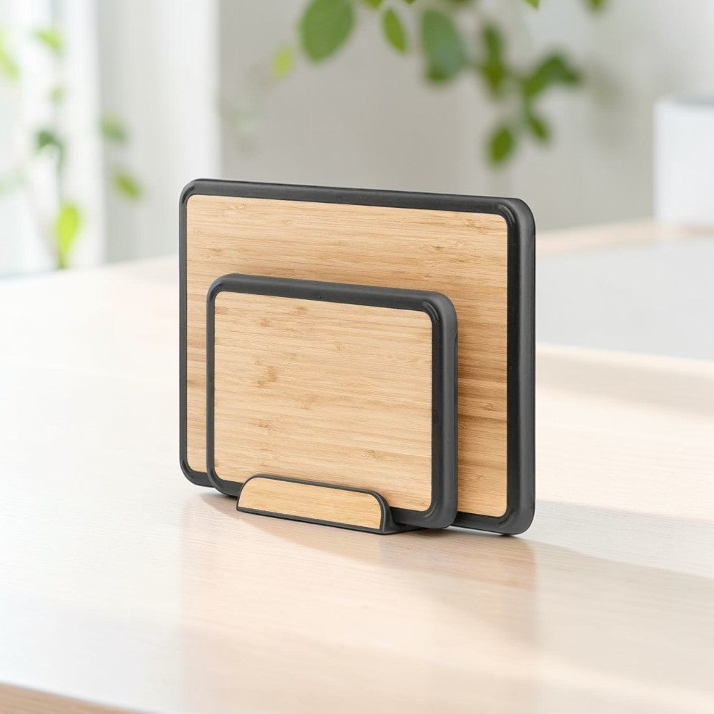 FlexTray Kitchen Chopping Board Set Bamboo with Silicone Edges & Storage Stand, 3-Piece Prep System
