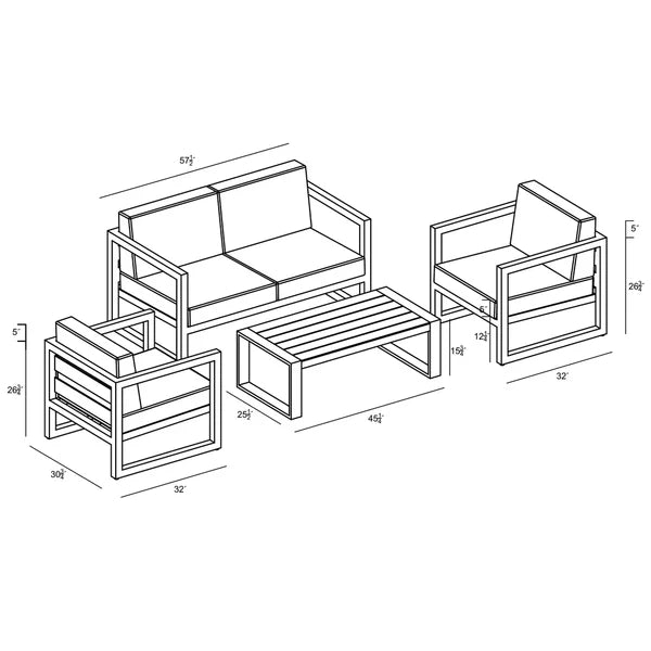 Outdoor Sofa Set, Aluminum Frame Navy Cushions 4 Piece with Coffee Table, Modern Patio Outdoor Sofa