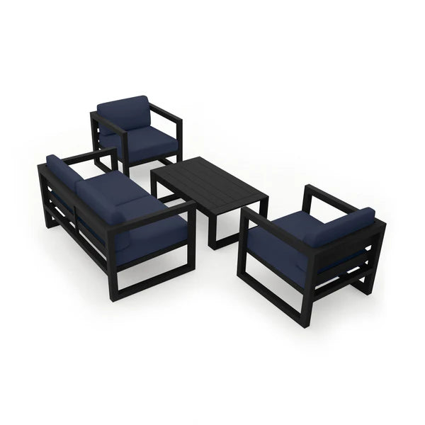 Outdoor Sofa Set, Aluminum Frame Navy Cushions 4 Piece with Coffee Table, Modern Patio Outdoor Sofa