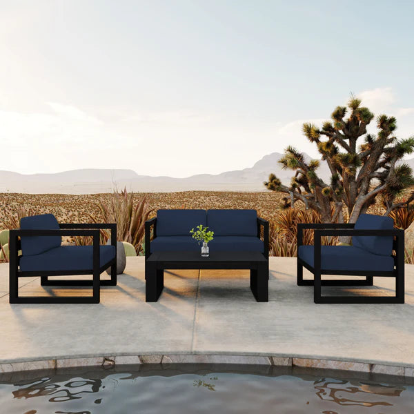 Outdoor Sofa Set, Aluminum Frame Navy Cushions 4 Piece with Coffee Table, Modern Patio Outdoor Sofa