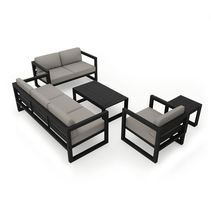 Black Frame Sofa Set with Gray Cushions 5 Piece with Coffee Table, Modern Patio Outdoor Sofa