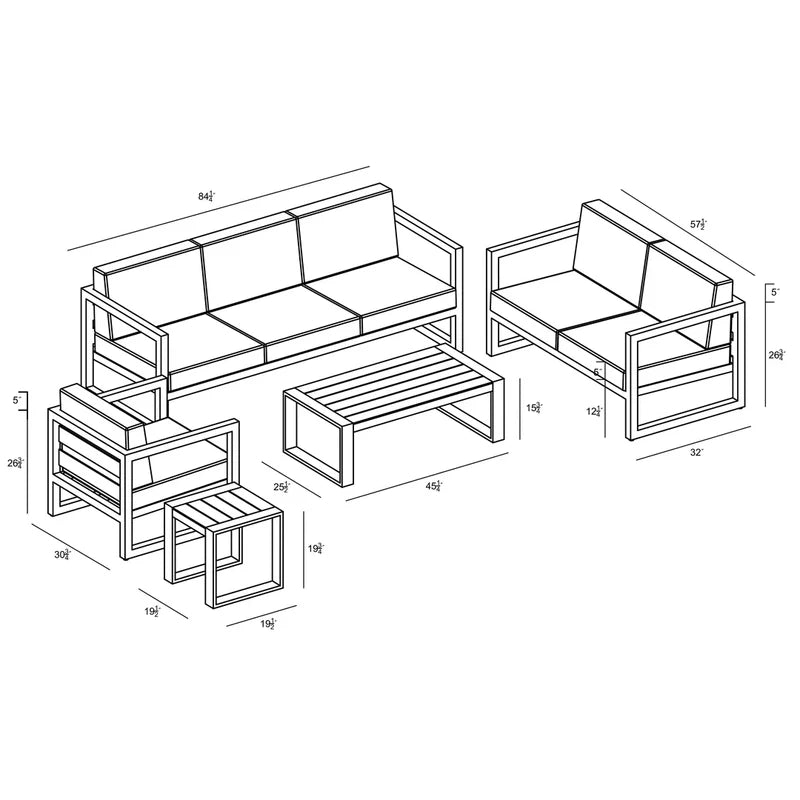 Black Frame Sofa Set with Gray Cushions 5 Piece with Coffee Table, Modern Patio Outdoor Sofa