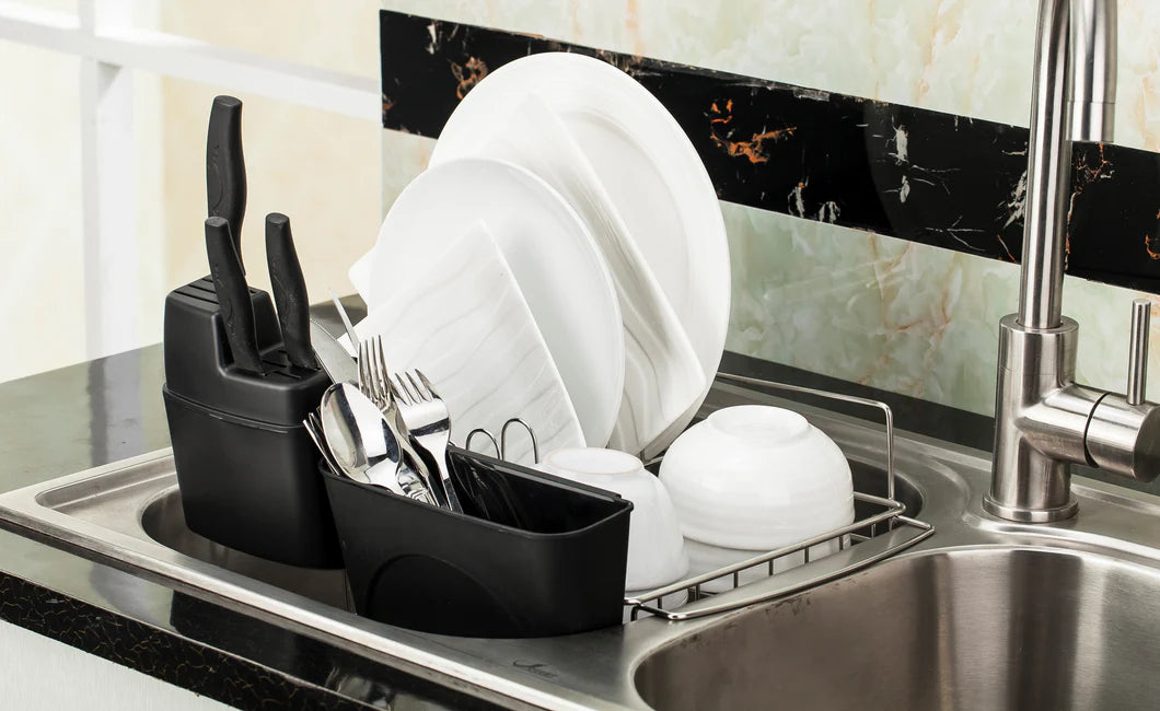 Kitchen Dishrack, 304 Stainless Steel Adjustable In-Sink Organizer with Utensil Holders, Space-Saving Design