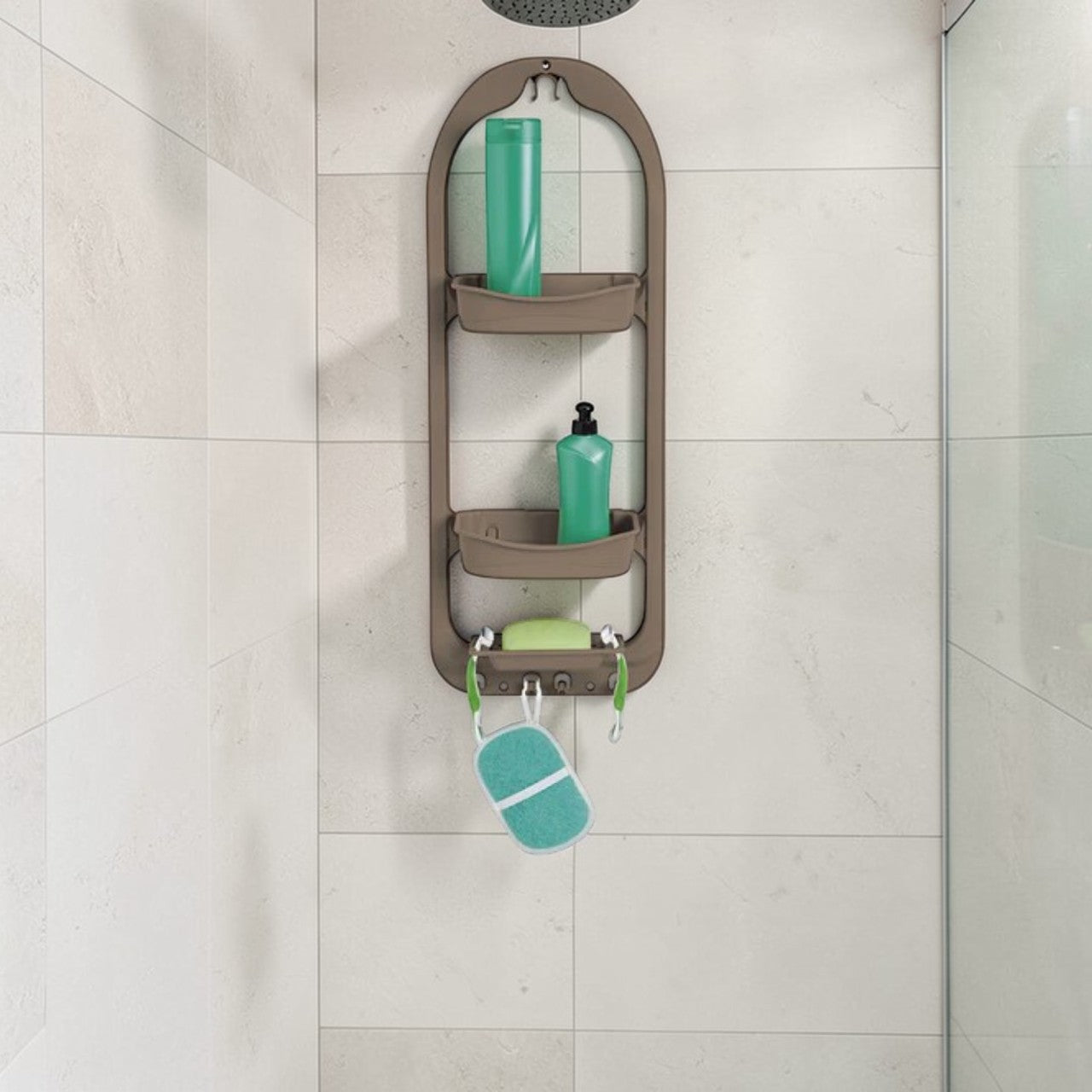 Bathroom Shower Caddy, Plastic 2-Tier with Hooks, Wall Mounted Organizer