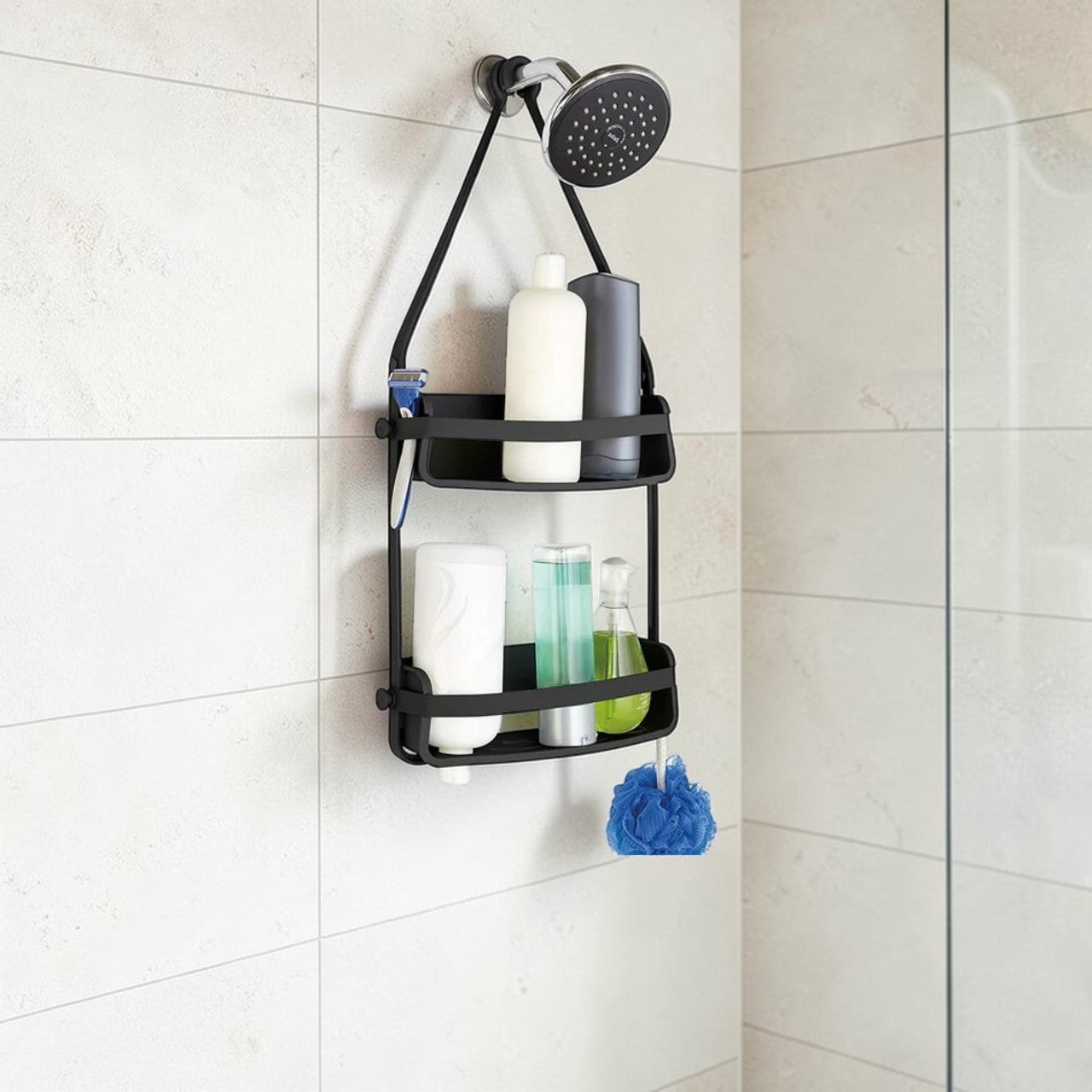 Black 2-Tier Bathroom Shower Caddy with Drainage & Hanging Design, Adjustable Organizer