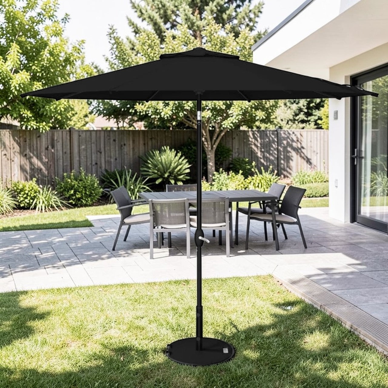 Outdoor Patio Umbrella Black Aluminum with Auto Tilt Crank, Market Umbrella