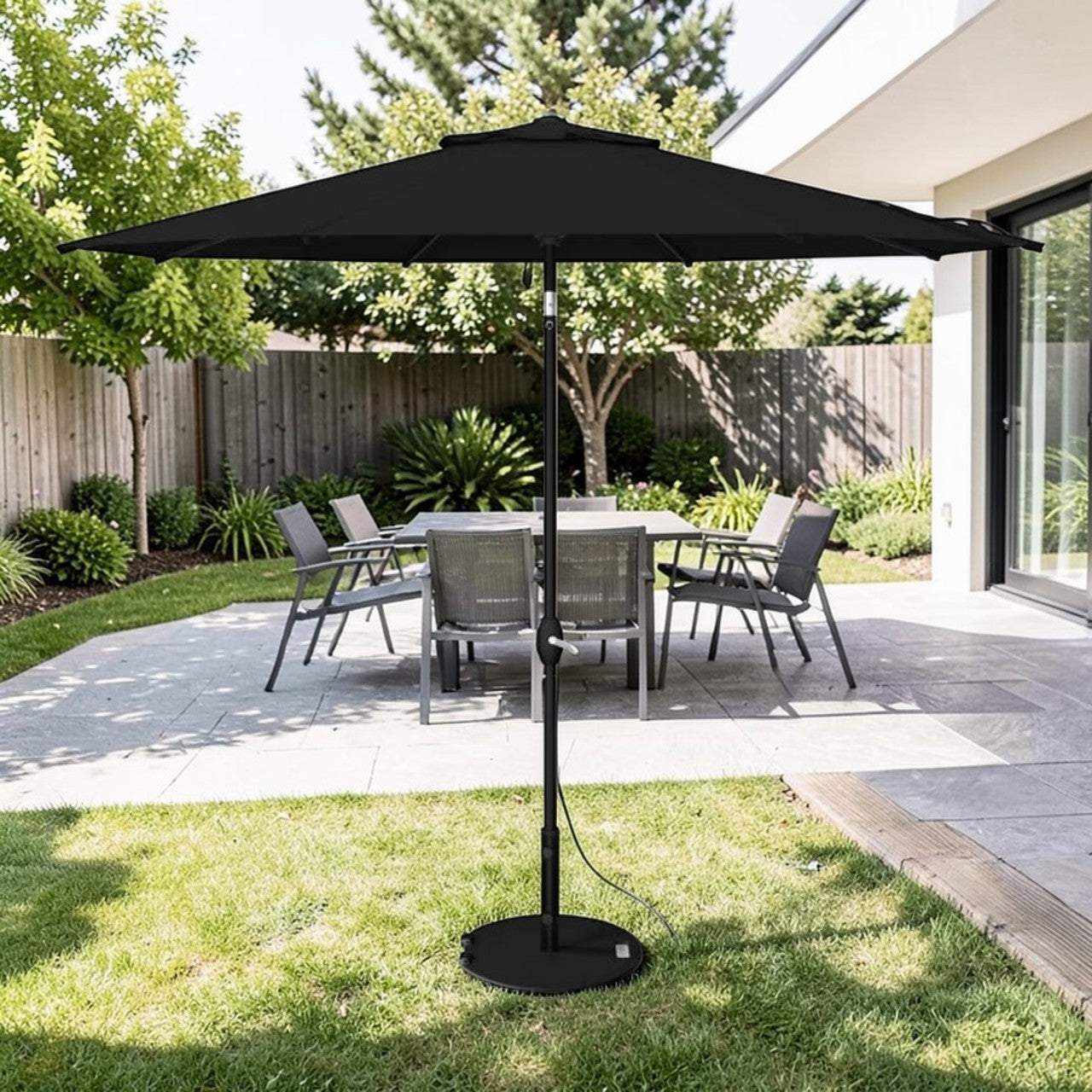 Outdoor Patio Umbrella Black Aluminum with Auto Tilt Crank, Market Umbrella