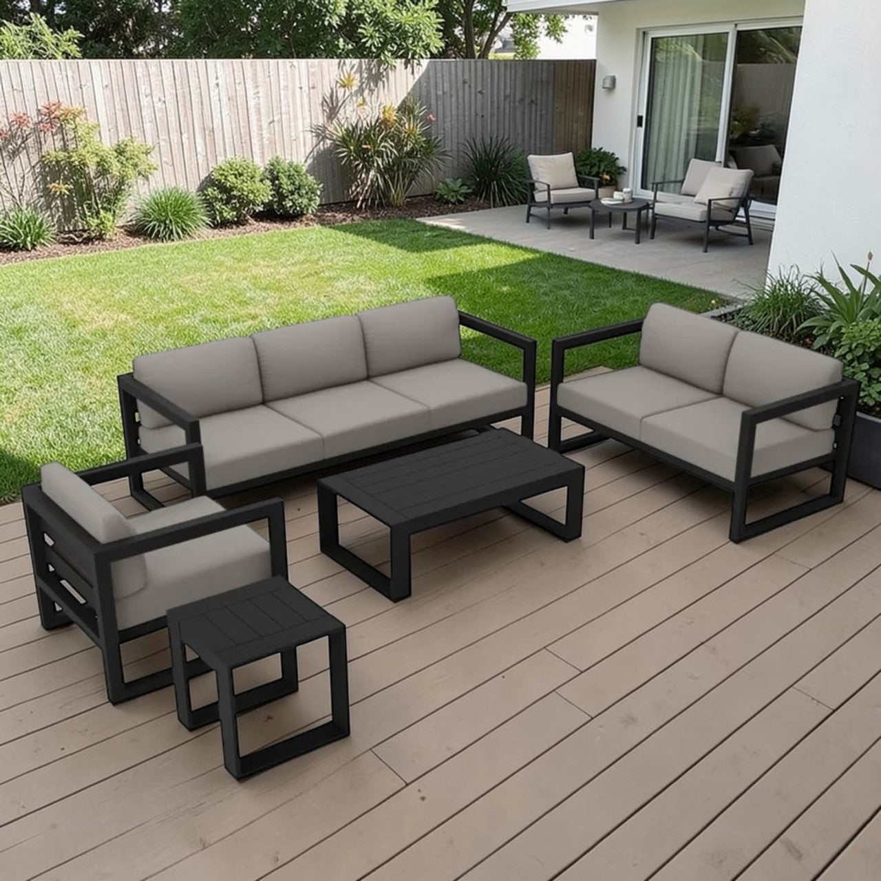 Black Frame Sofa Set with Gray Cushions 5 Piece with Coffee Table, Modern Patio Outdoor Sofa