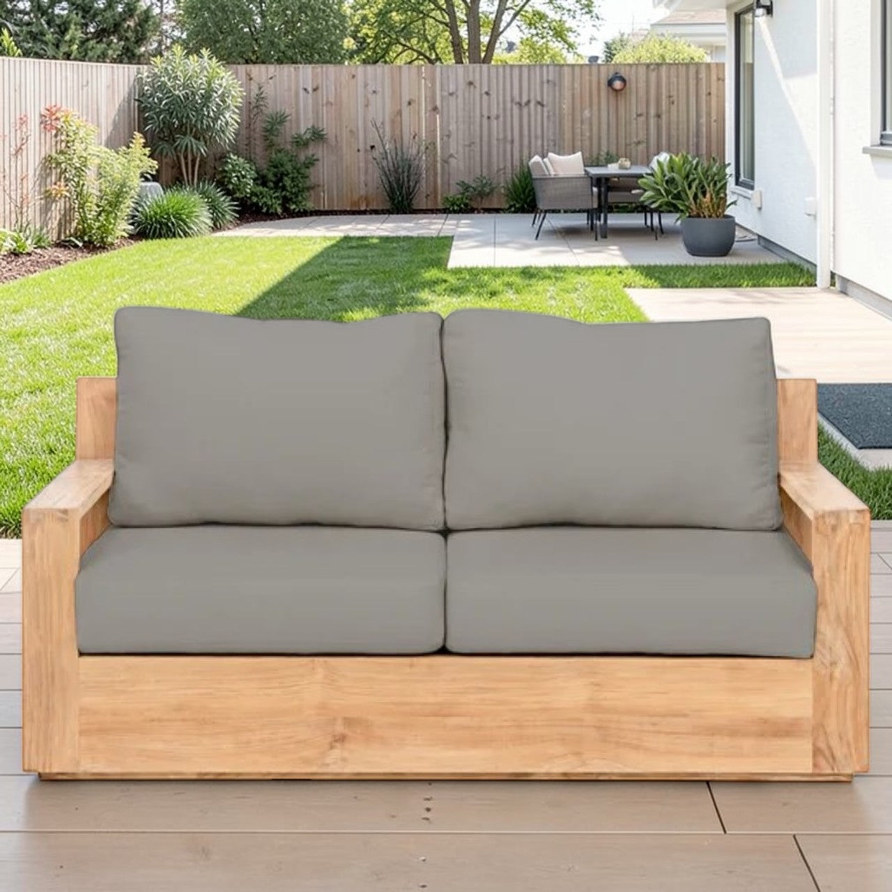 Solid Teak Wood Frame Outdoor Sofa, Gray Cushions, 2 Seater