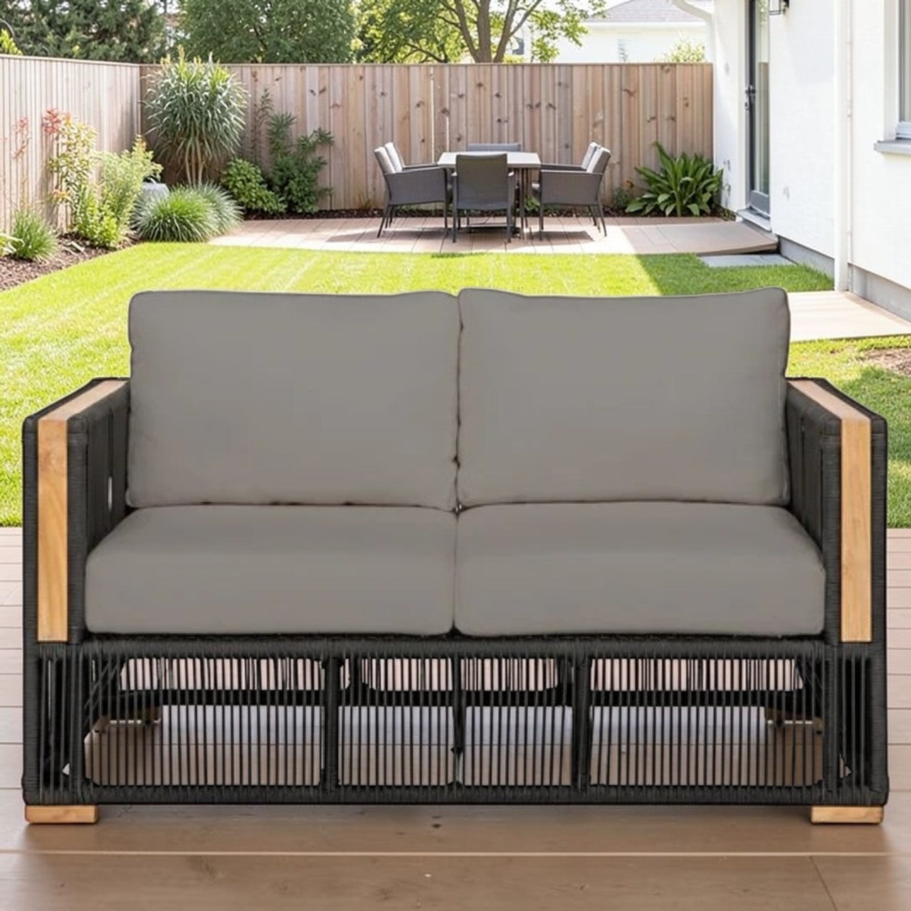 Outdoor Sofa Wicker & Aluminum Frame Gray Cushions 2 Seater, Modern Outdoor Sofa
