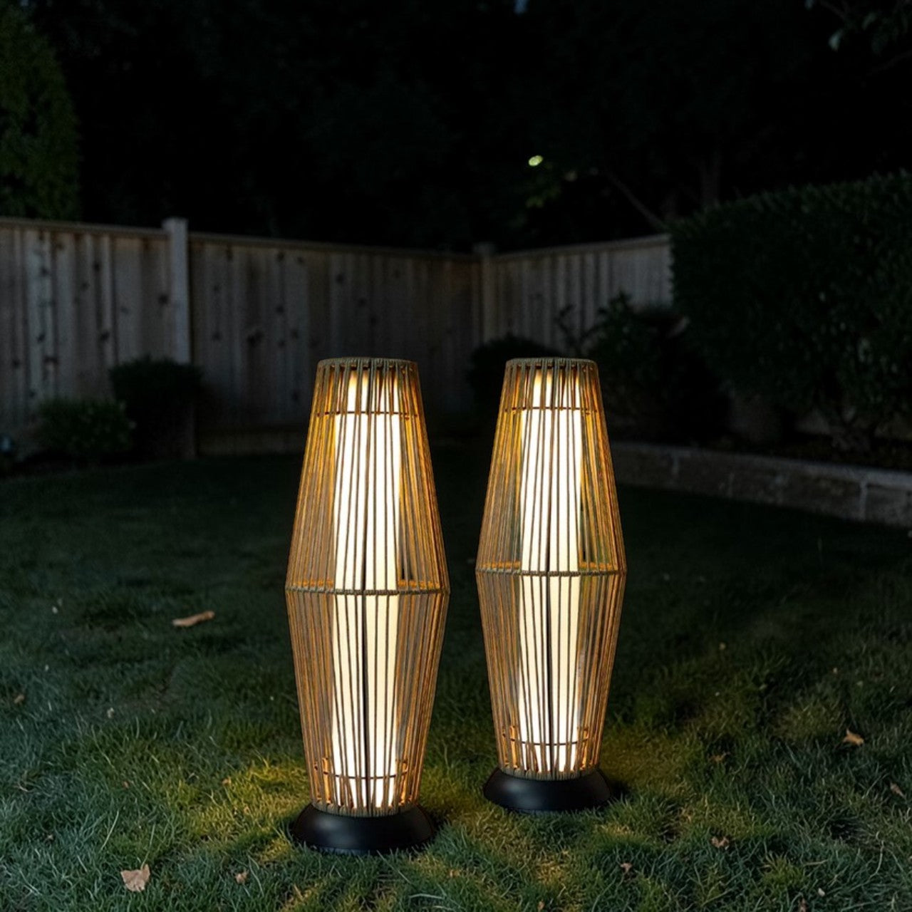 HavenGlow Solar Outdoor Light Woven Rattan Style Floor Lantern Warm LED 2 Piece Set, Decorative Patio Outdoor Light