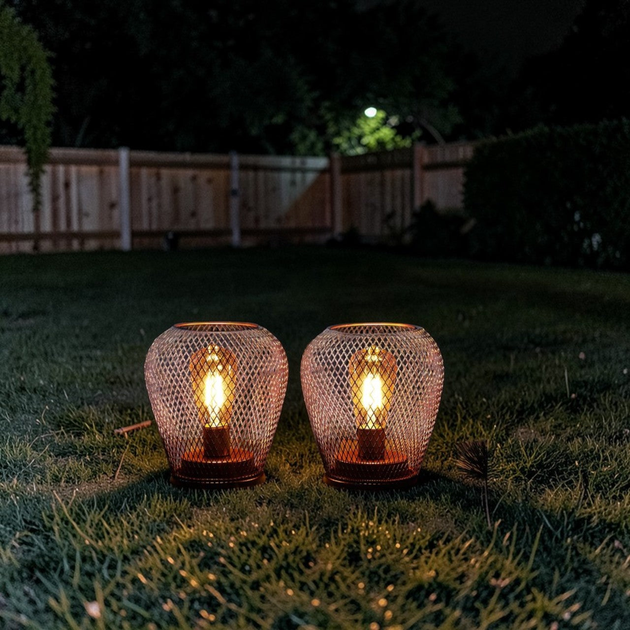 GlowMesh Battery Powered Outdoor Light Black Metal 2 Piece Set, Portable Table Lantern Outdoor Light