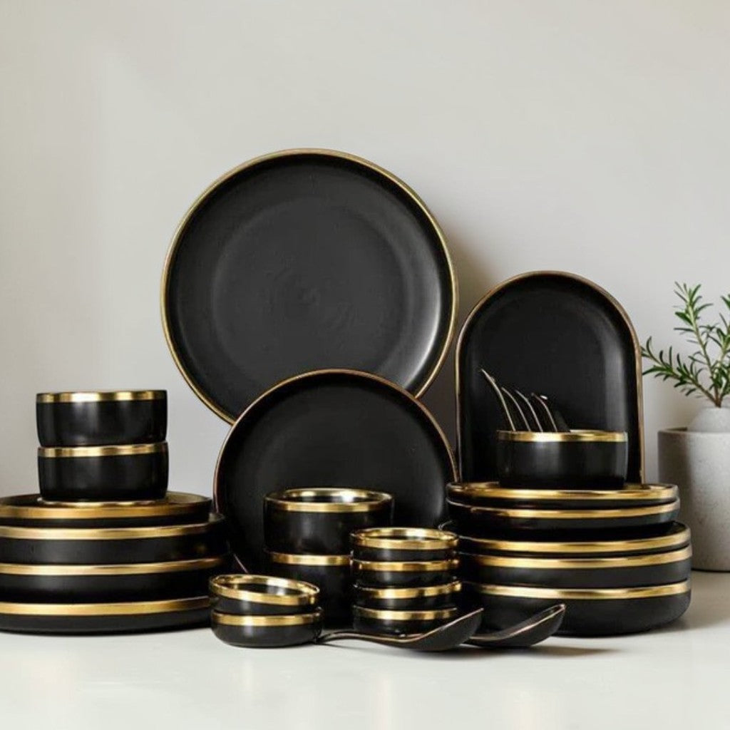 NoirGold Dinnerware Set Black Ceramic with Gold Rim 40-Piece Service for 8, Modern Kitchen Tableware Collection