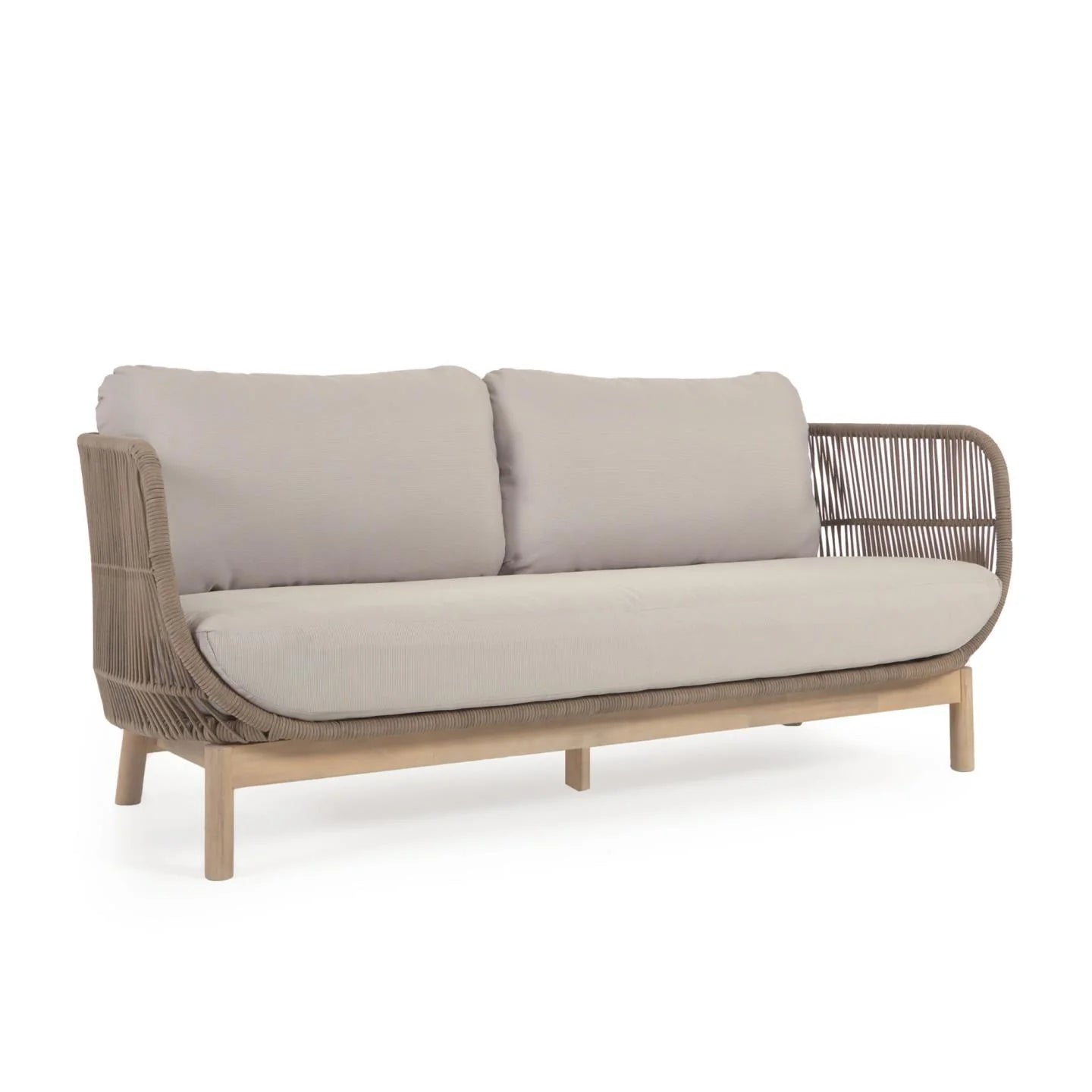 Beige Rope & Acacia Wood 3-Seater Sofa, Outdoor Lounge Couch