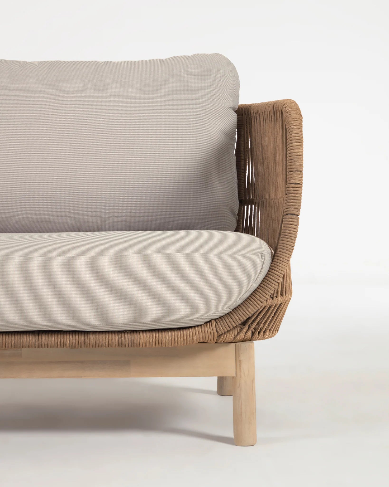 Beige Rope & Acacia Wood 3-Seater Sofa, Outdoor Lounge Couch