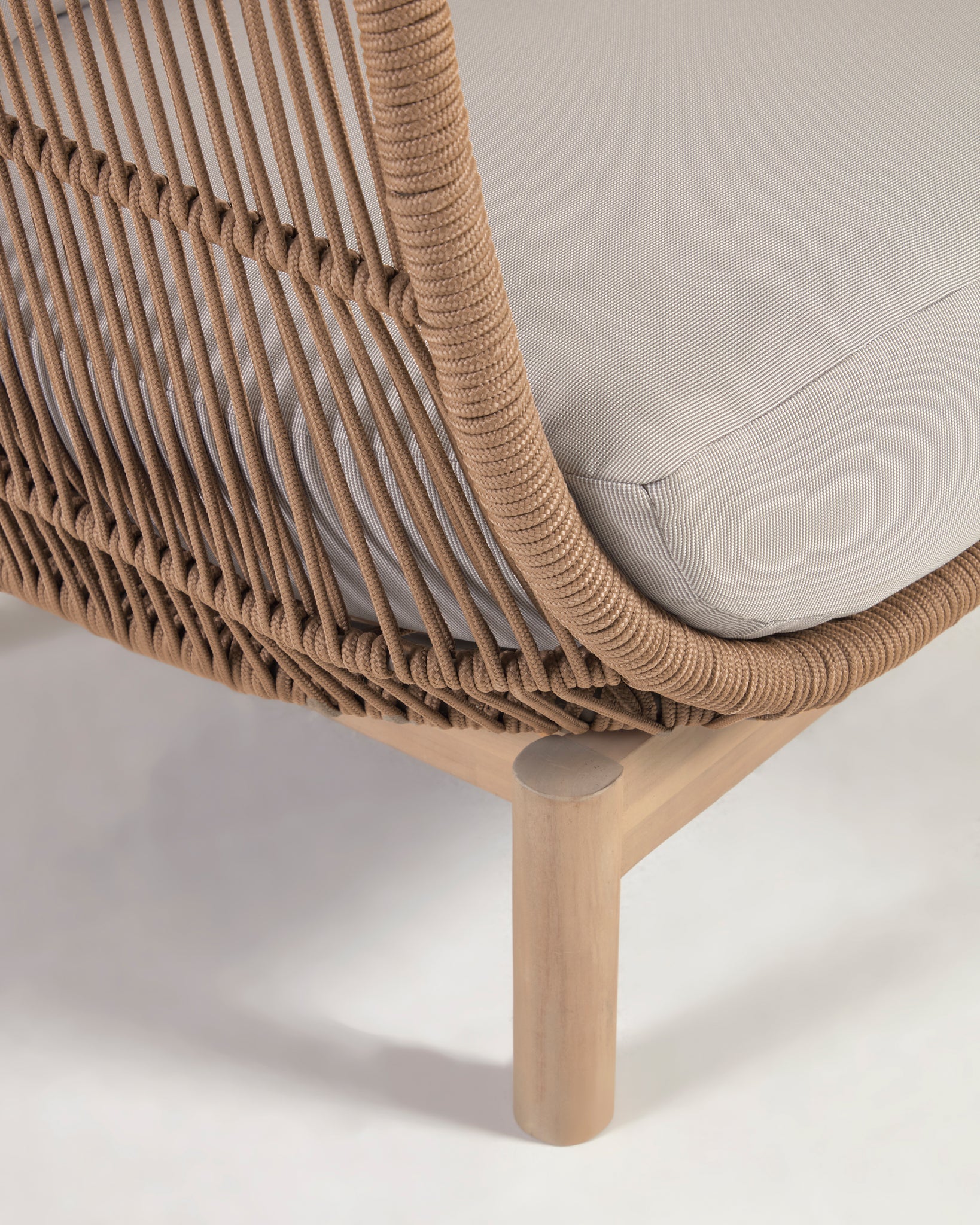 Beige Rope & Acacia Wood 3-Seater Sofa, Outdoor Lounge Couch