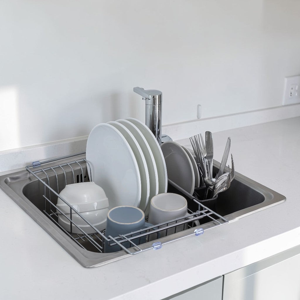 Kitchen Dishrack, Expandable 304 Stainless Steel Over-Sink Drainer, Adjustable Space-Saving Organizer