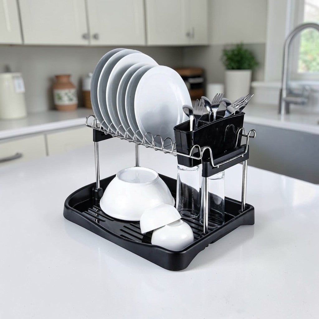 Chrome-Plated Steel Dish Rack with Drain Tray & Utensil Holder, Compact Countertop Organizer