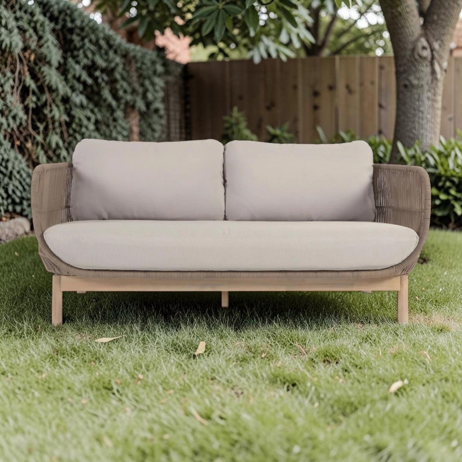 Beige Rope & Acacia Wood 3-Seater Sofa, Outdoor Lounge Couch