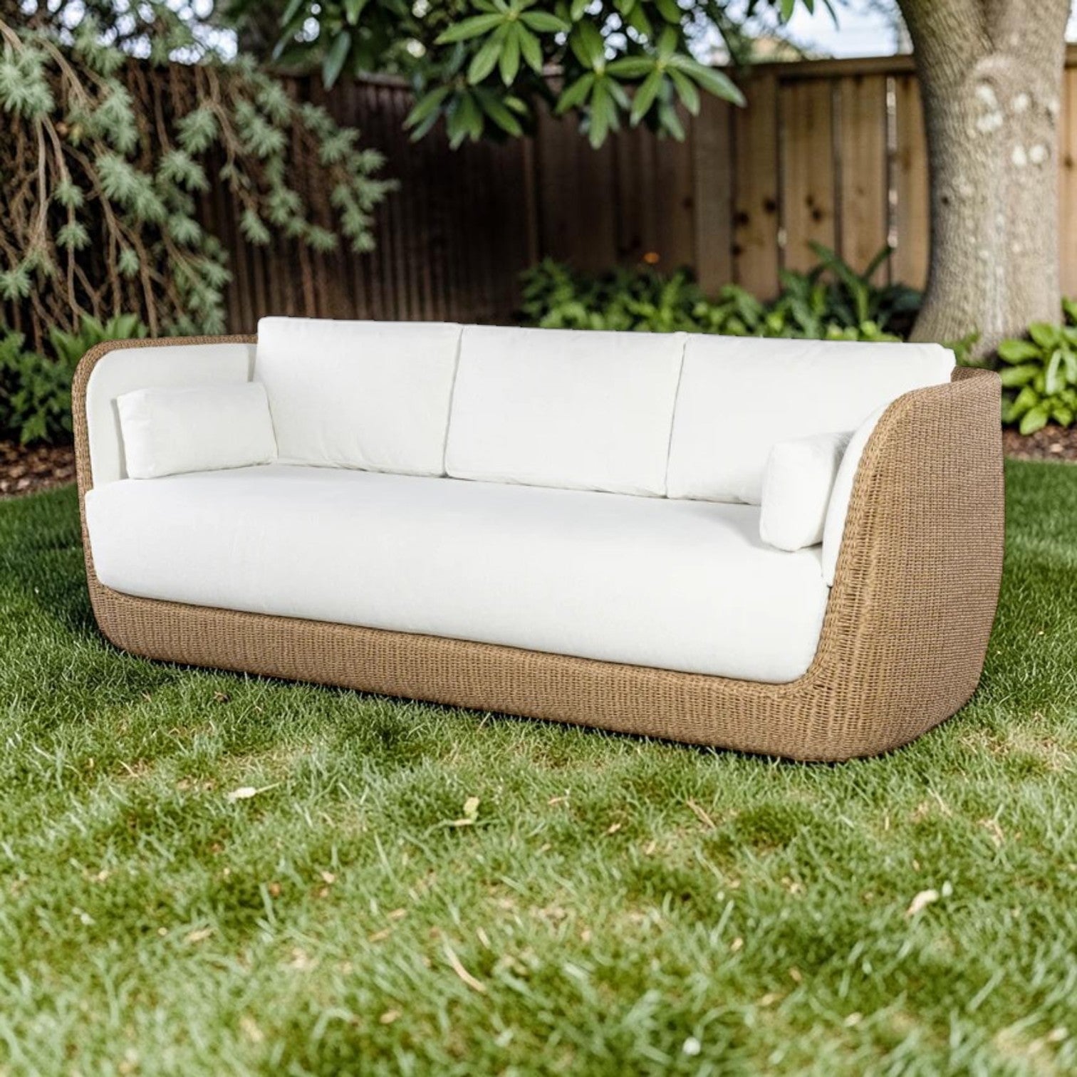 Natural Woven Rattan 3-Seater Sofa with Cream Cushions, Outdoor Lounge Couch