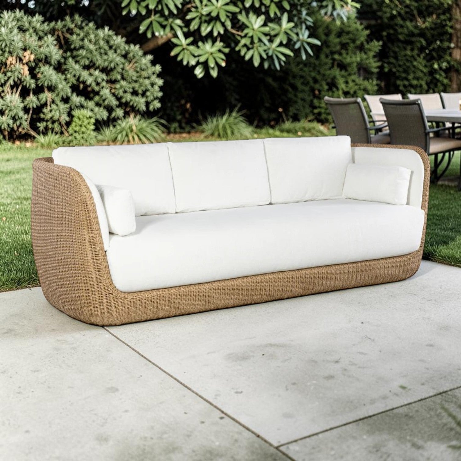 Natural Woven Rattan 3-Seater Sofa with Cream Cushions, Outdoor Lounge Couch