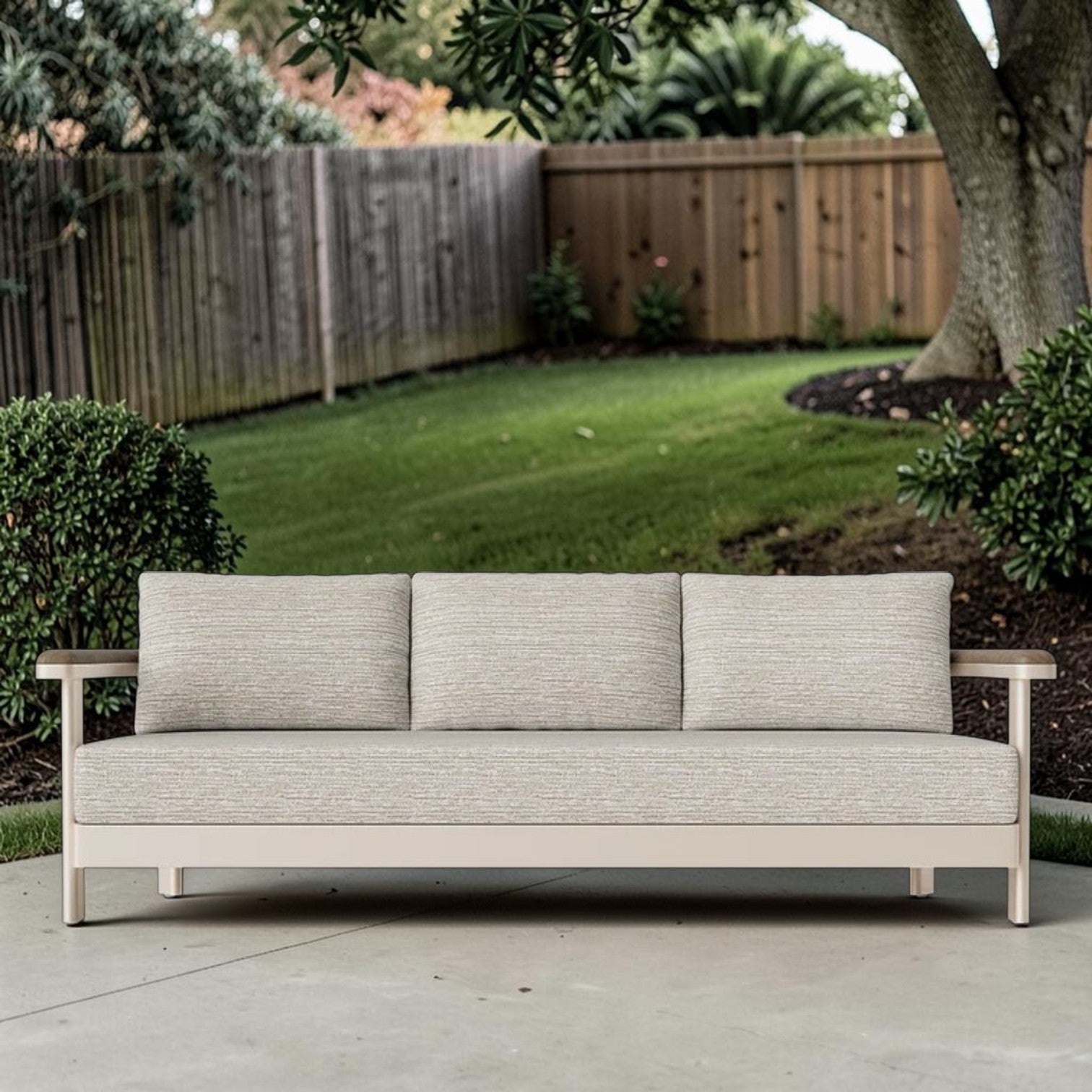 Modern Teak Frame 3-Seater Outdoor Sofa with Beige Cushions, Outdoor Sofa