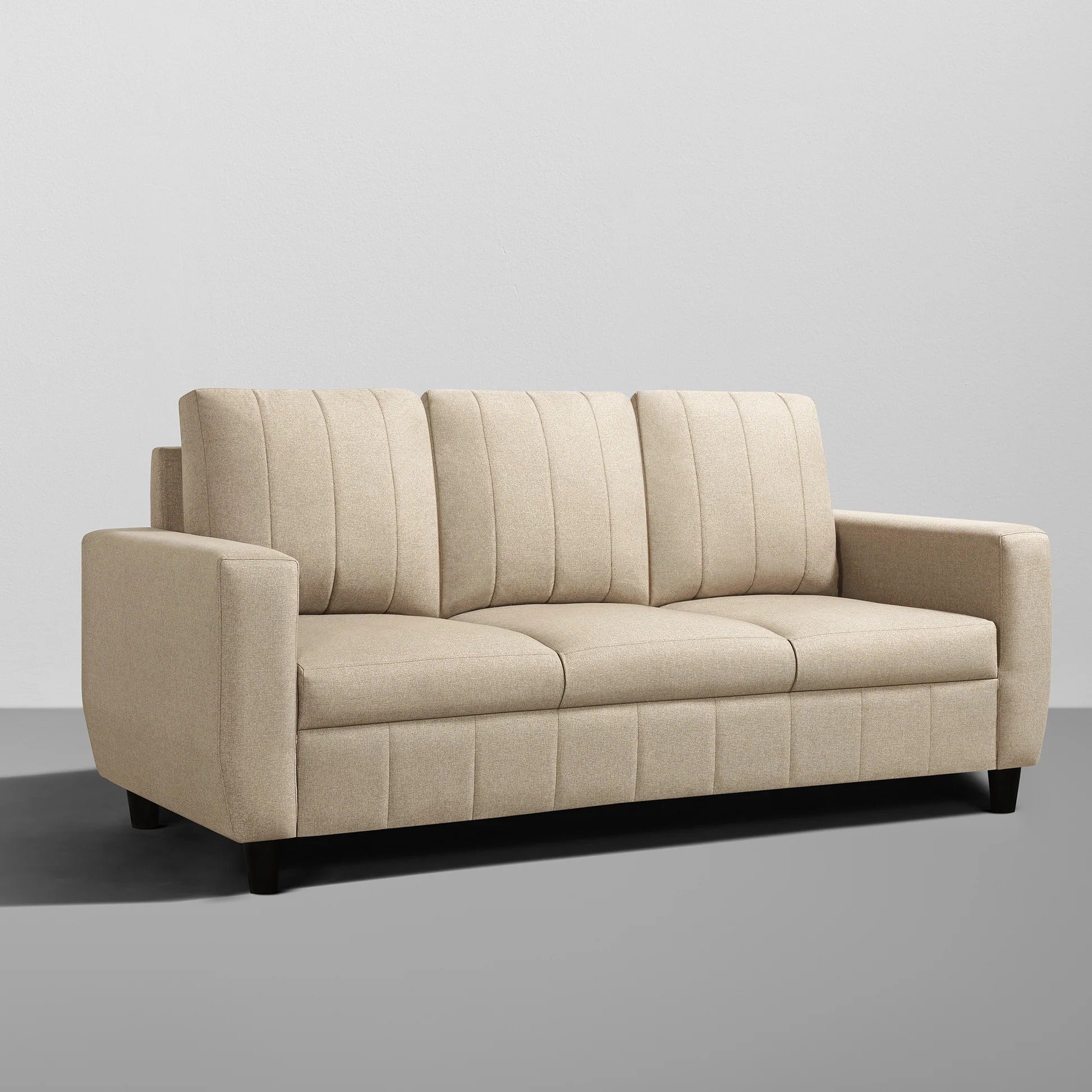 Beige Living Room Sofa, Fabric 3-Seater with Vertical Tufting & Modern Comfort, Contemporary Couch