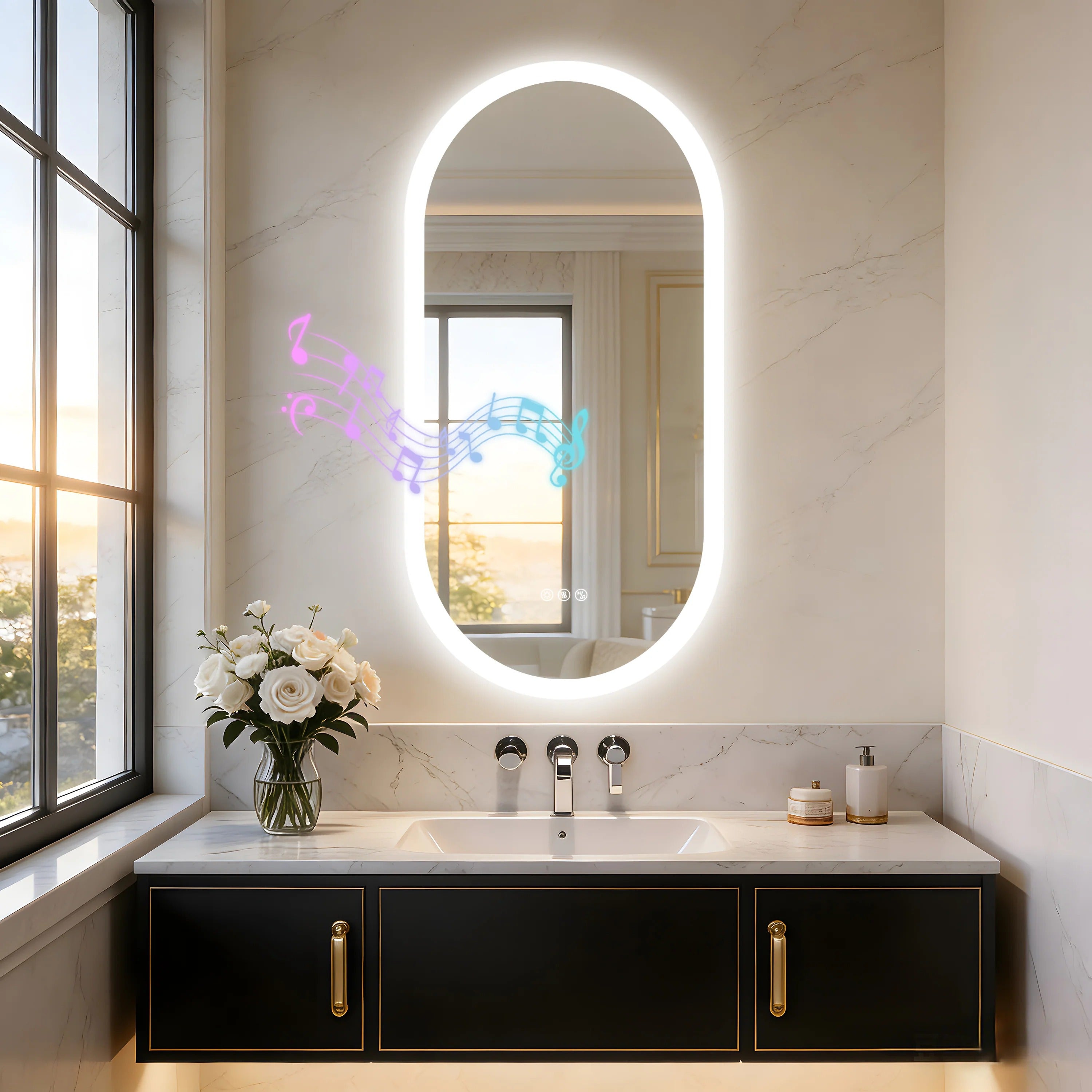 Bathroom Mirror Oval LED with Bluetooth Speaker Anti-Fog Dimmable Vanity Mirror, Modern Wall Mounted
