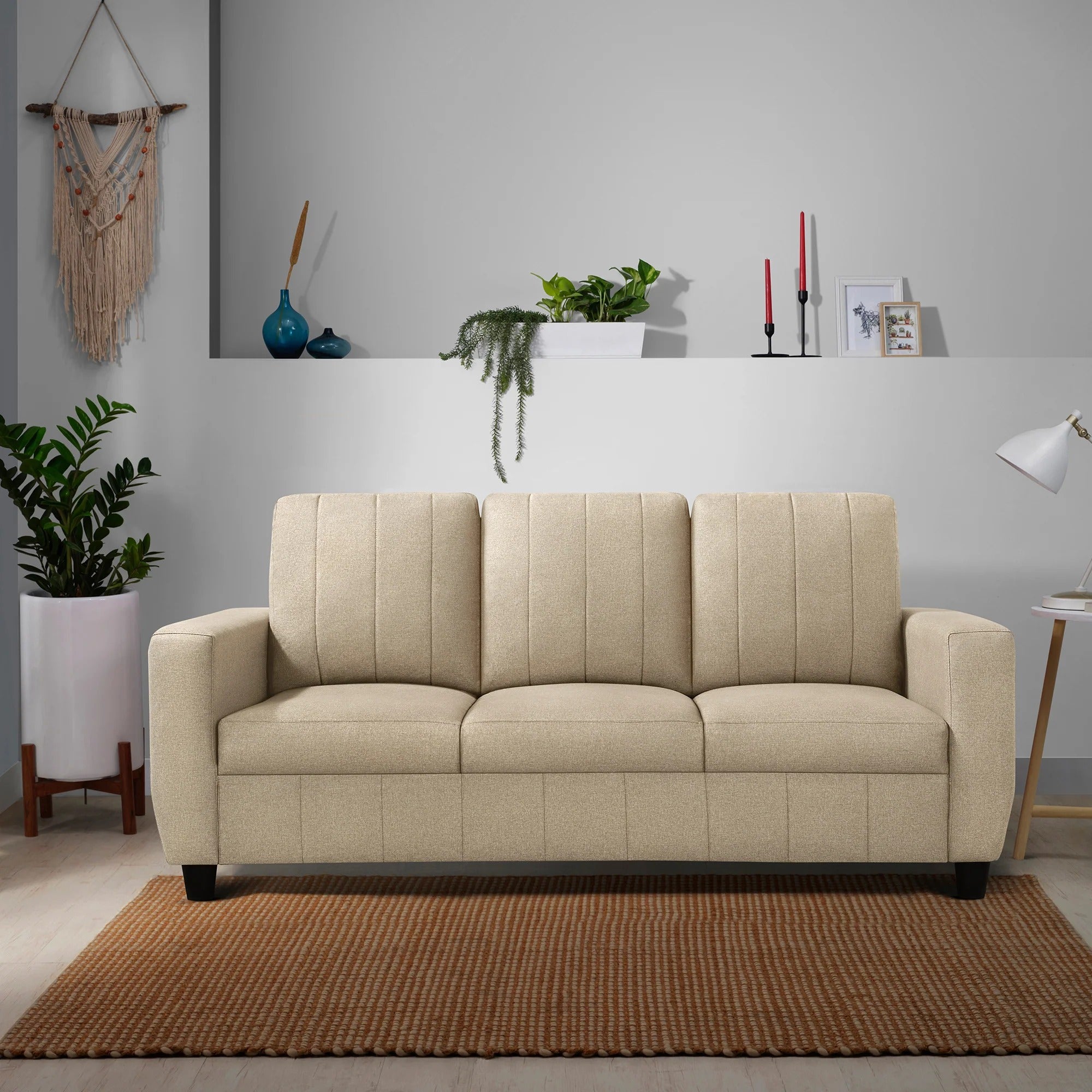 Beige Living Room Sofa, Fabric 3-Seater with Vertical Tufting & Modern Comfort, Contemporary Couch