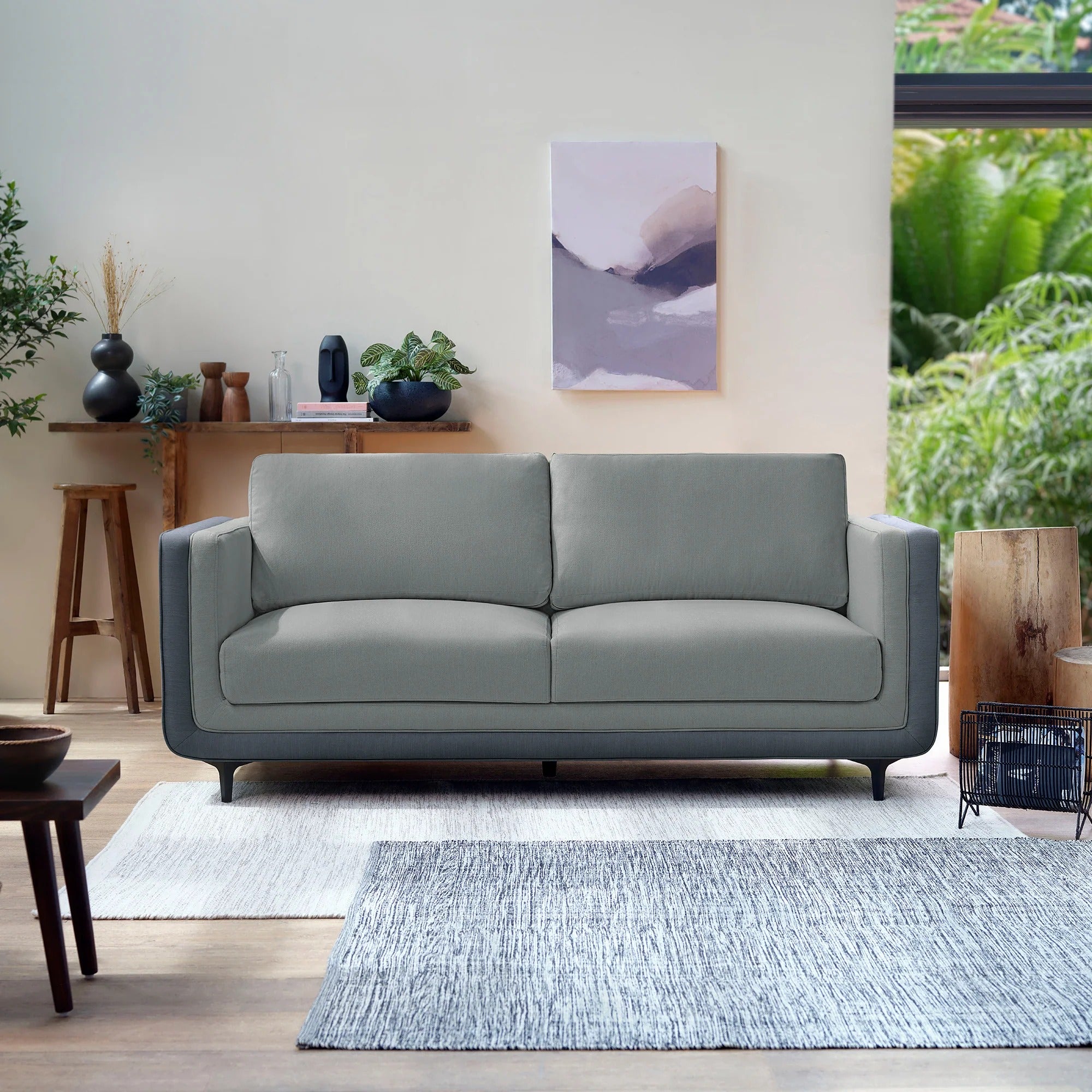 Living Room Sofa, Pepper Crush Gray Fabric 3-Seater with Modern Track Arms & Plush Cushions, Contemporary Couch