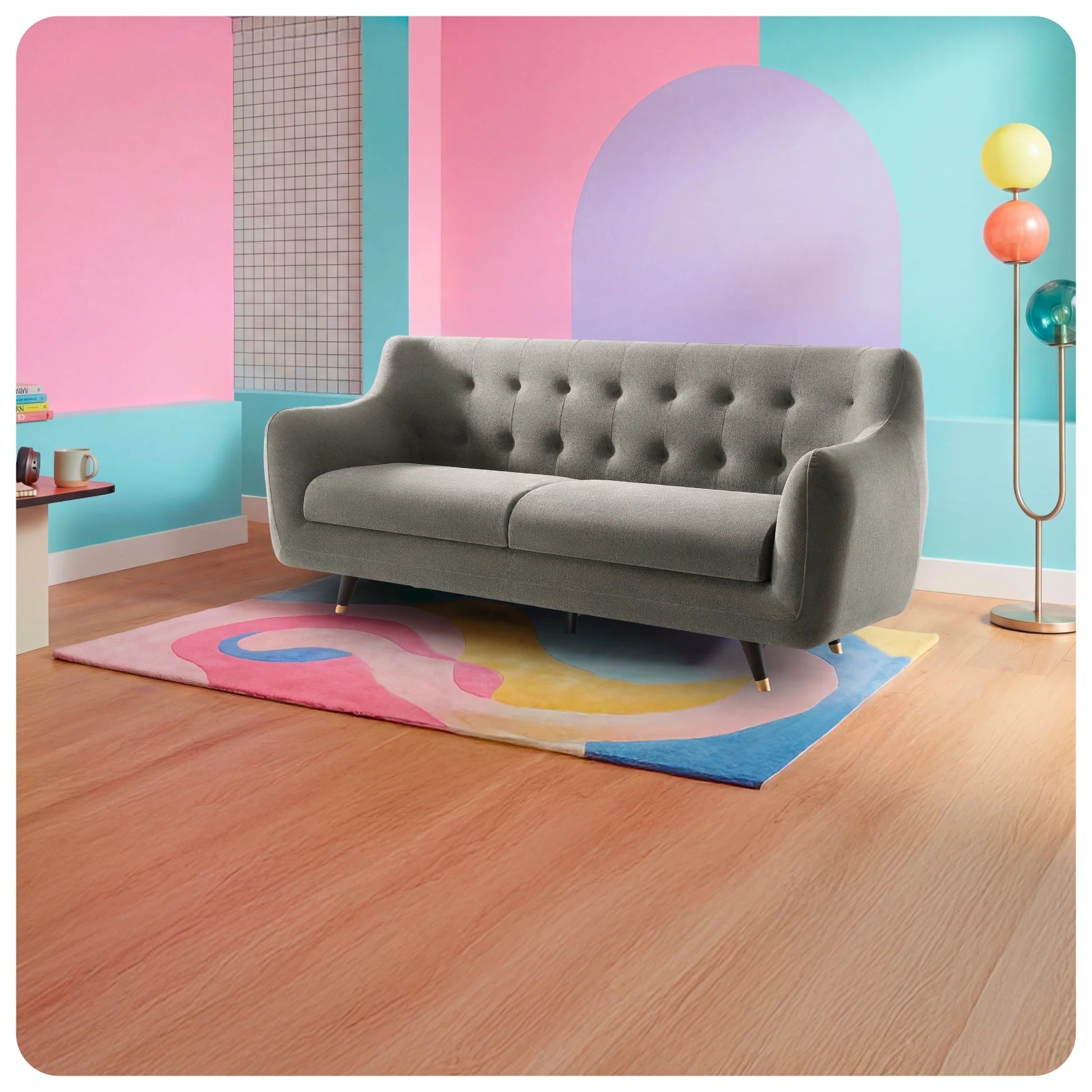 Flint Gray Living Room Sofa, Fabric 3-Seater with Tufted Back & Modern Design, Contemporary Couch