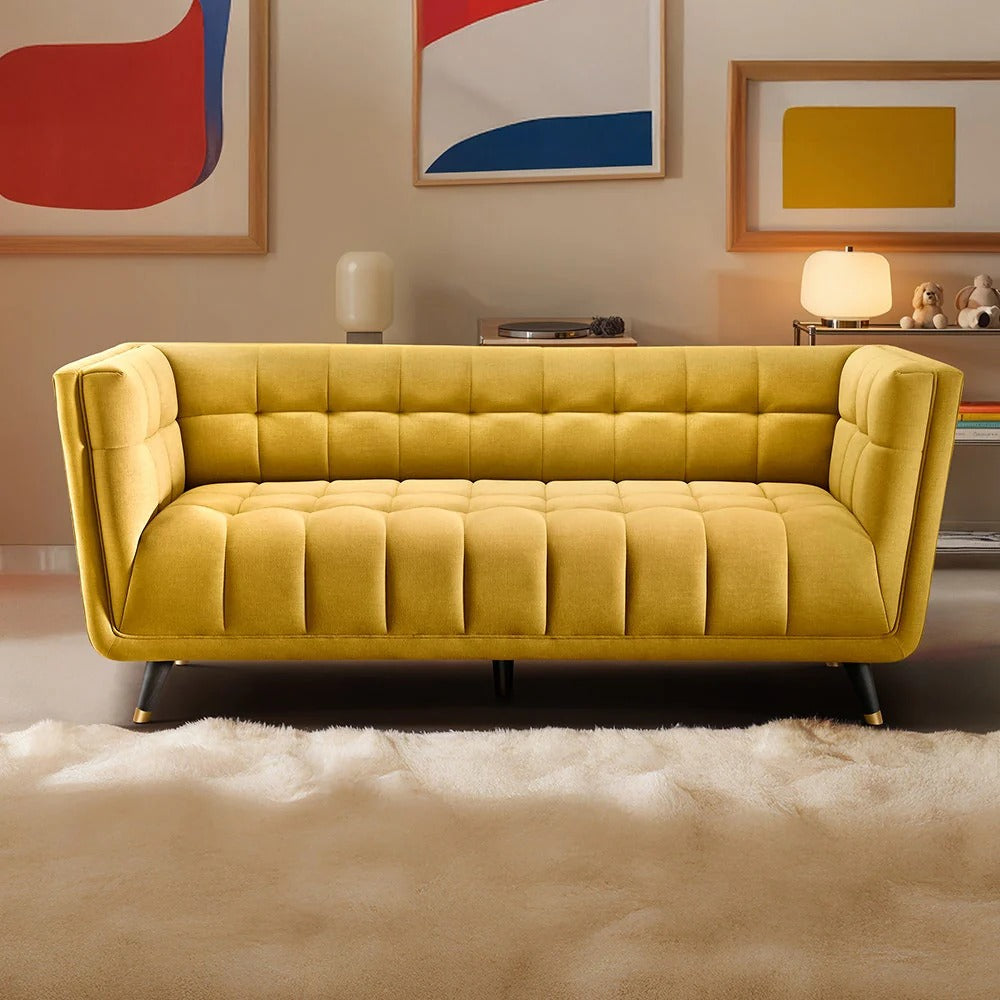 Yellow Sofa, Fabric 3-Seater with Channel Tufting & Mid-Century Design, Modern Couch