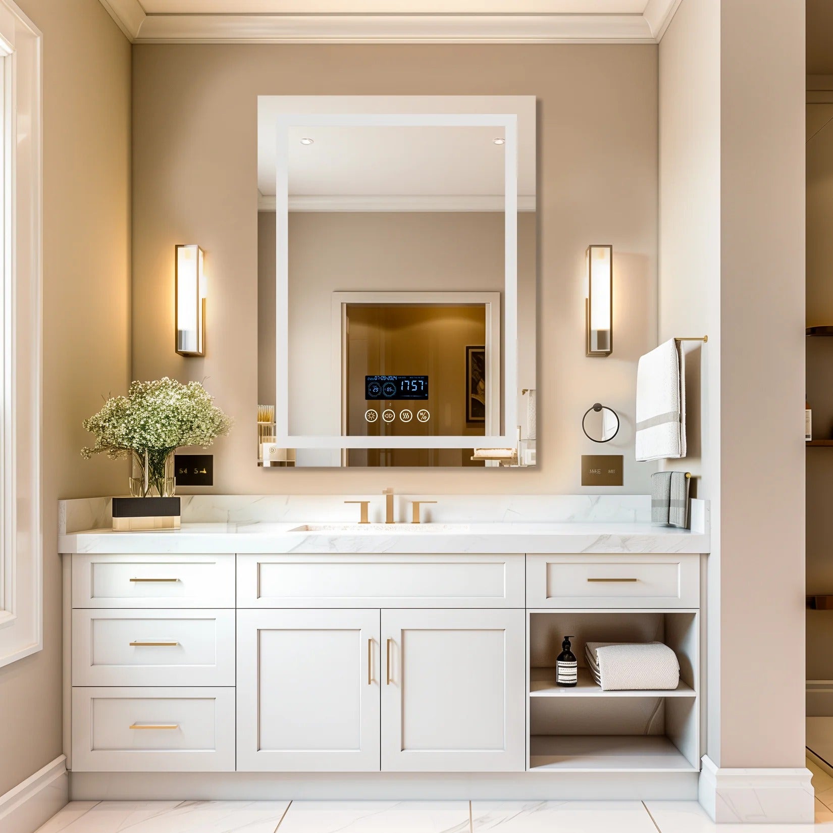 Bathroom Mirror LED Rectangular with Bluetooth Speaker, Anti-Fog Smart Vanity Mirror with 3 Light Modes