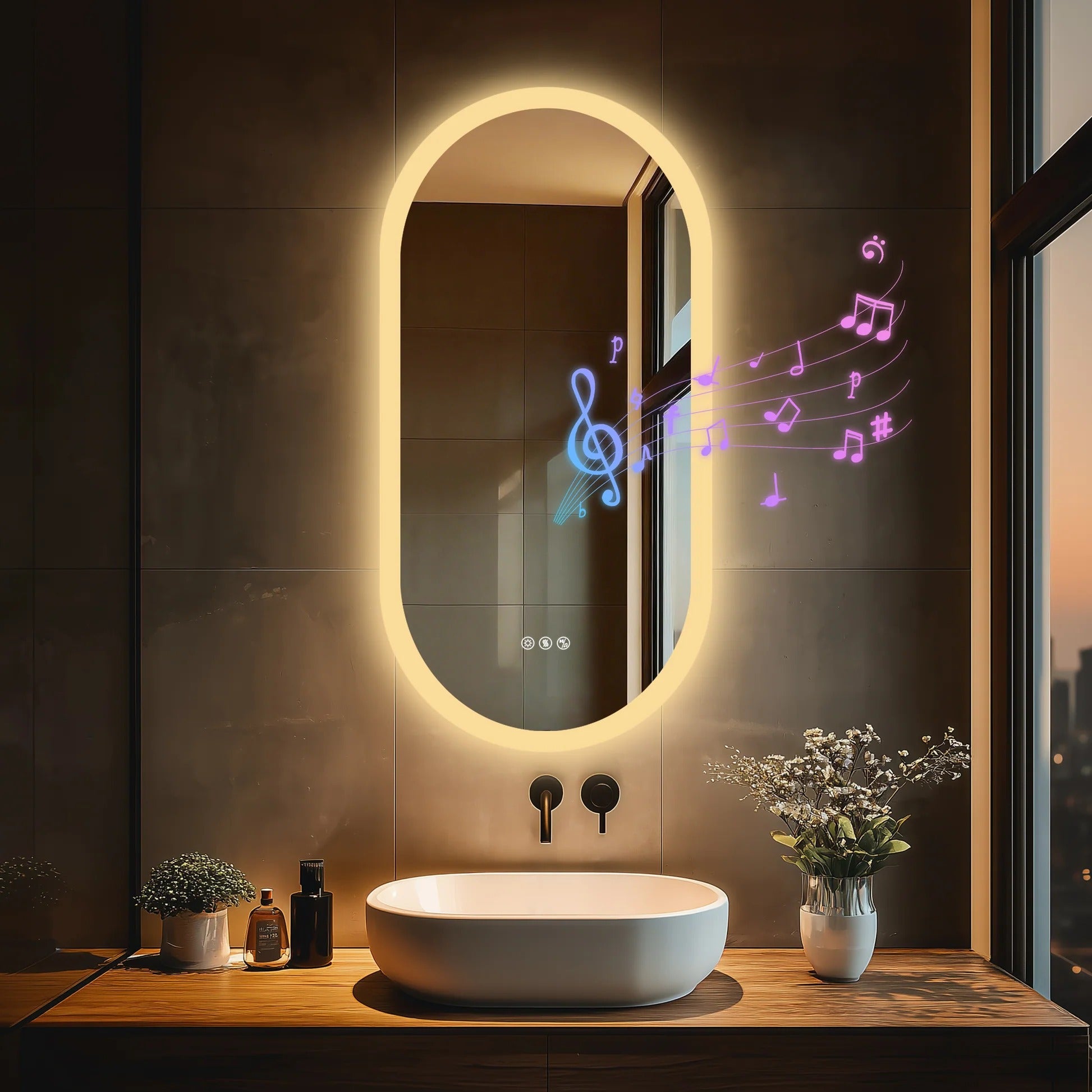 Bathroom Mirror Oval LED with Bluetooth Speaker Anti-Fog Dimmable Vanity Mirror, Modern Wall Mounted