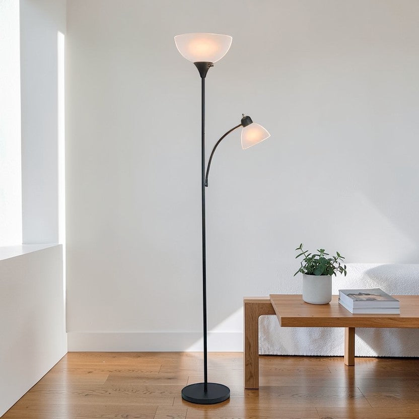 Black Metal Floor Lamp with Dual Lights & Frosted Shade, Modern Torchiere Lamp