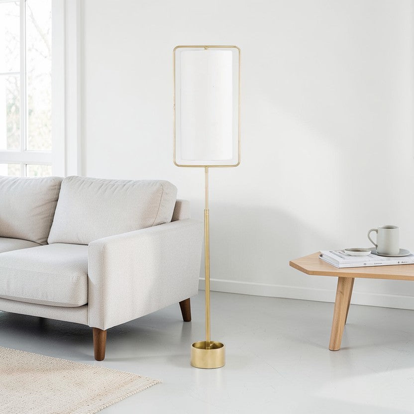 Brass Floor Lamp, Steel Frame with White Fabric Shade, Modern Rectangular Standing Lamp