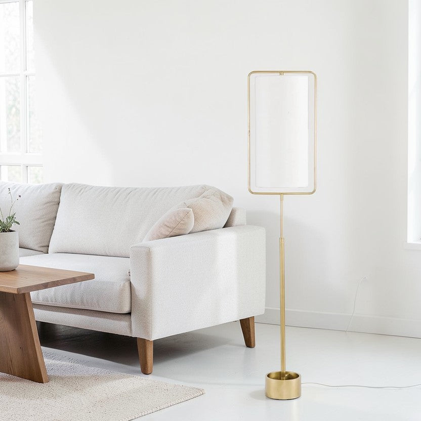 Brass Floor Lamp, Steel Frame with White Fabric Shade, Modern Rectangular Standing Lamp