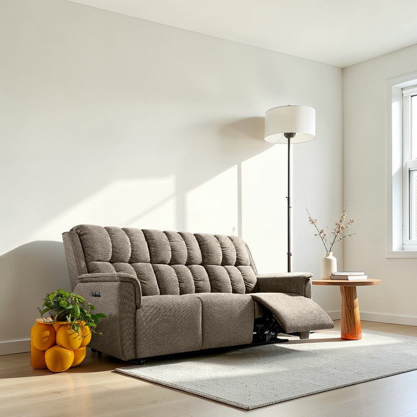 Slate Gray Living Room Sofa, Fabric 3-Seater with Power Recline & USB Ports, Modern Motion Couch