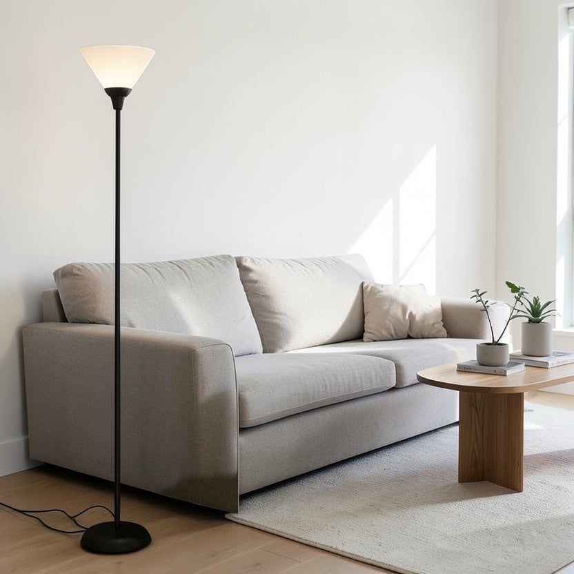 Black Metal Living Room Floor Lamp with Frosted Cone Shade, Modern Torchiere Standing Lamp
