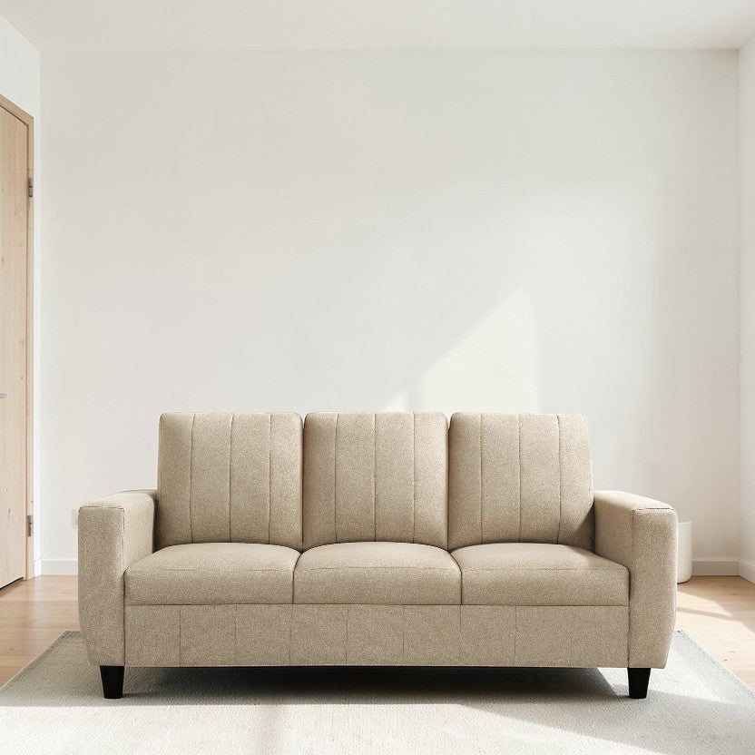 Beige Living Room Sofa, Fabric 3-Seater with Vertical Tufting & Modern Comfort, Contemporary Couch