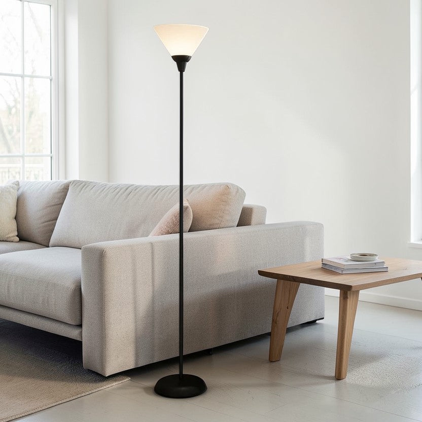 Black Metal Living Room Floor Lamp with Frosted Cone Shade, Modern Torchiere Standing Lamp