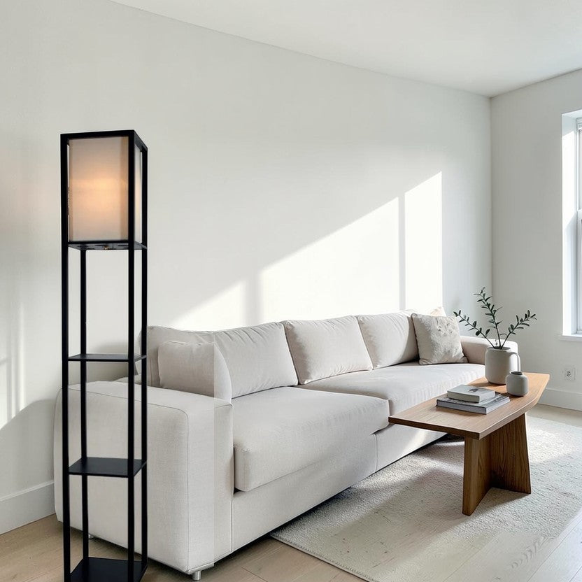 Black Living Room Floor Lamp with Wood Shelves